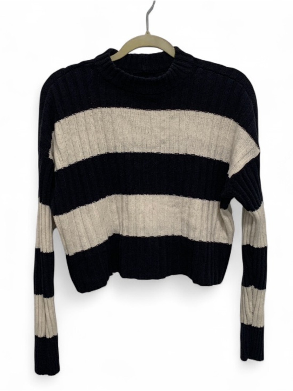 American Eagle Dark Blue White Striped Mock Neck Cropped Pullover Sweater